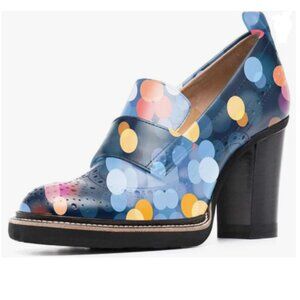 YDN Navy Print Polka Dot Chunky High Heels Round Toe Oxford Loafer Dress Shoe
